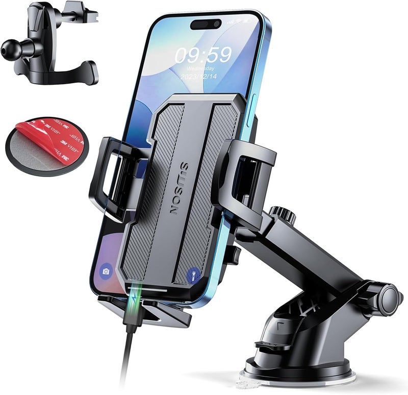 SUUSON Upgraded 3-in-1 Car Phone Holder Mount [Powerful Suction] Phone Mount for Car Dashboard Air Vent Windshield,for All iPhone Android Phone (Black) - Image 1